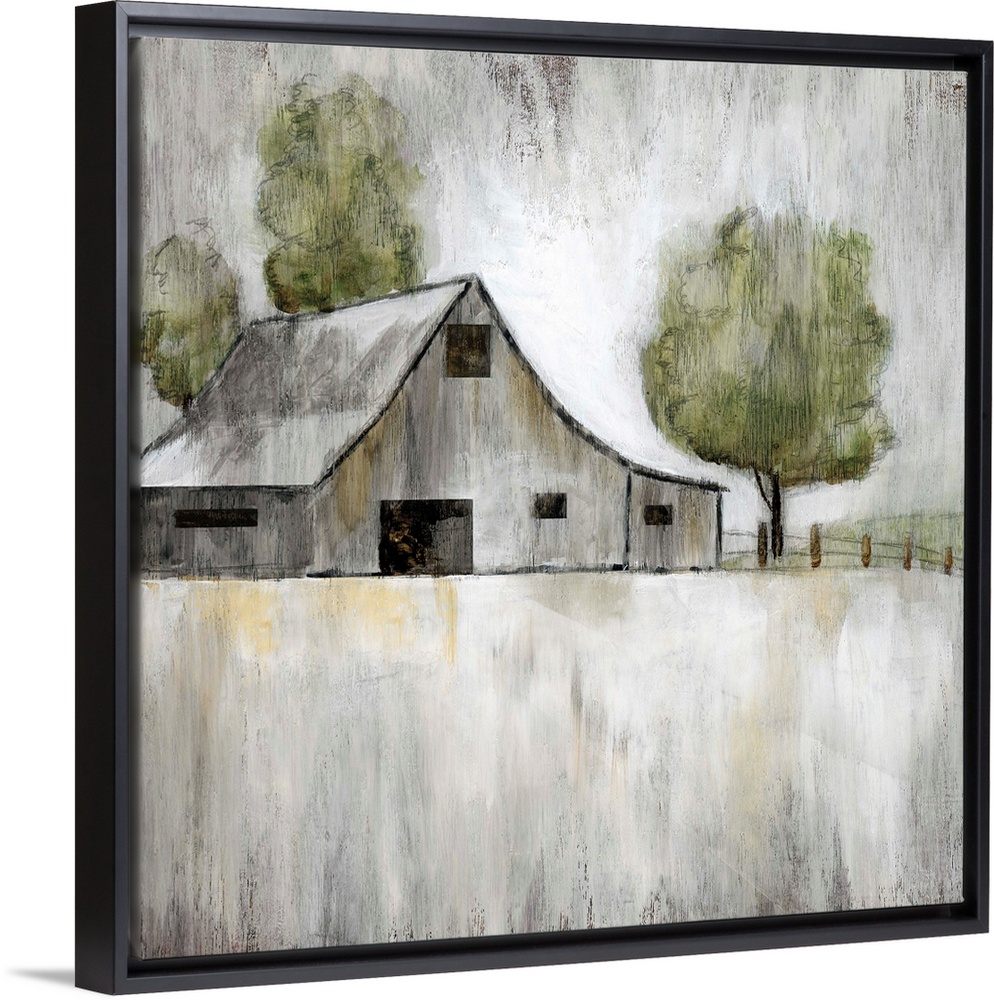 Illustration of an old grey barn with a few trees on a grey landscape.