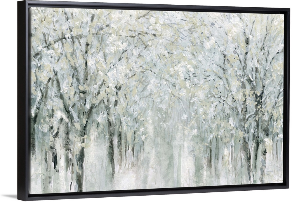 Abstract painting of a winter scene with snow covered trees.