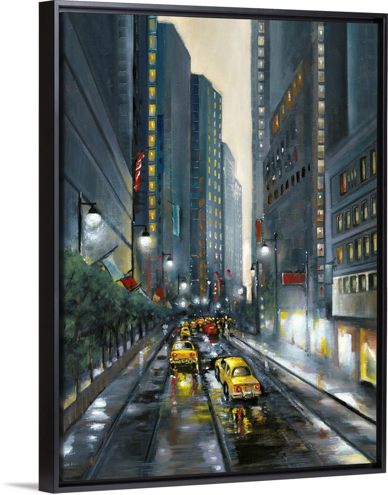 Contemporary cityscape painting of a downtown city street lined with skyscrapers and filled with taxi cabs.