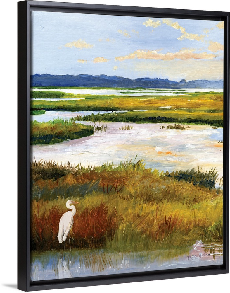 A serene scene of water and grasses illuminated by the late afternoon sun. A white heron stands patiently in the corner. T...