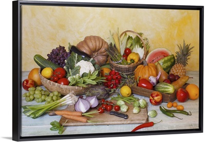 Assorted vegetables and fruits on table