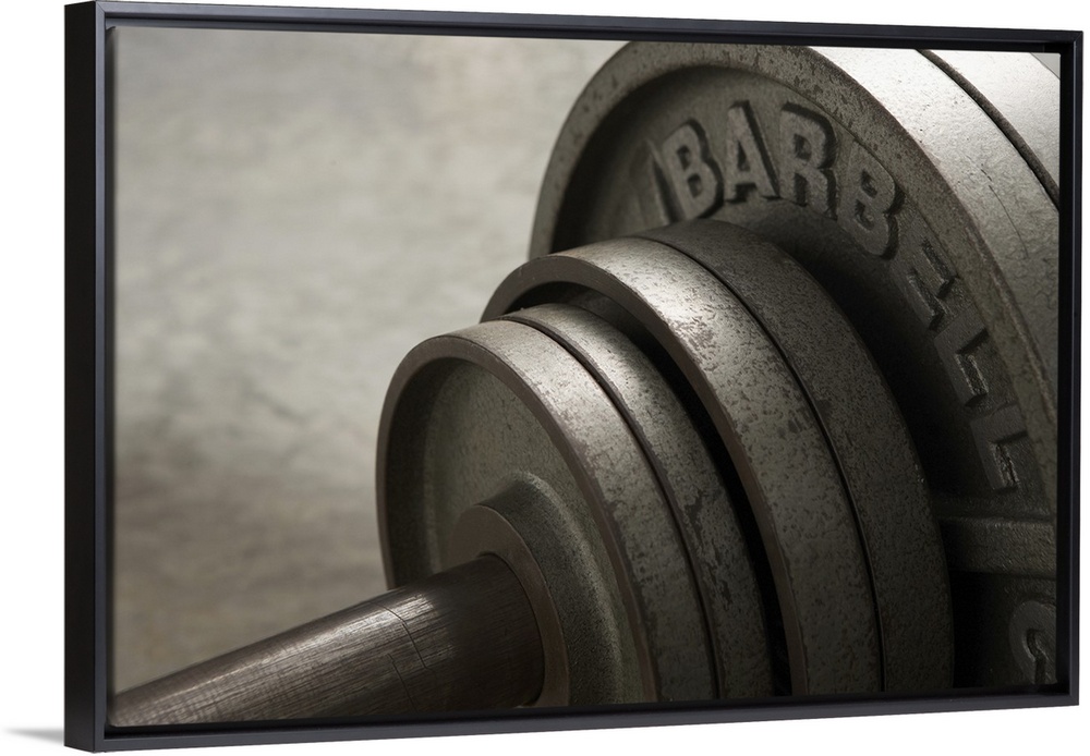Barbell, close-up of weights, elevated view