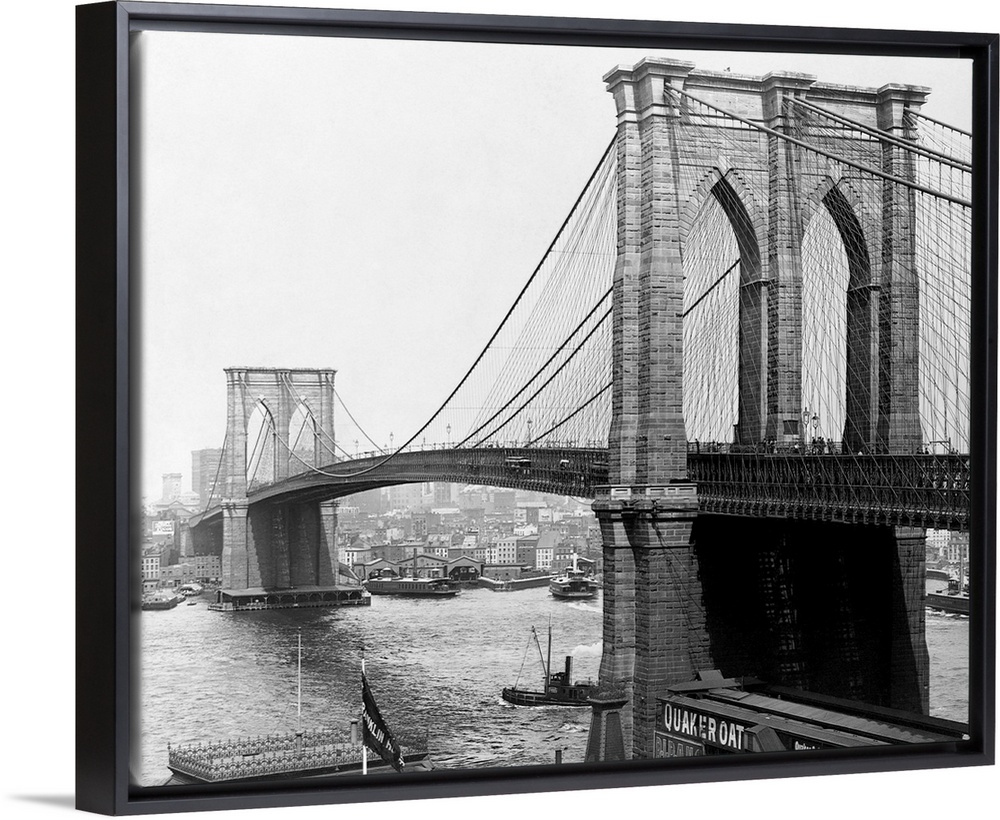 A view of the Brooklyn Bridge which spans across the East River connecting Manhattan Island to Brooklyn. ca. 1900, New Yor...