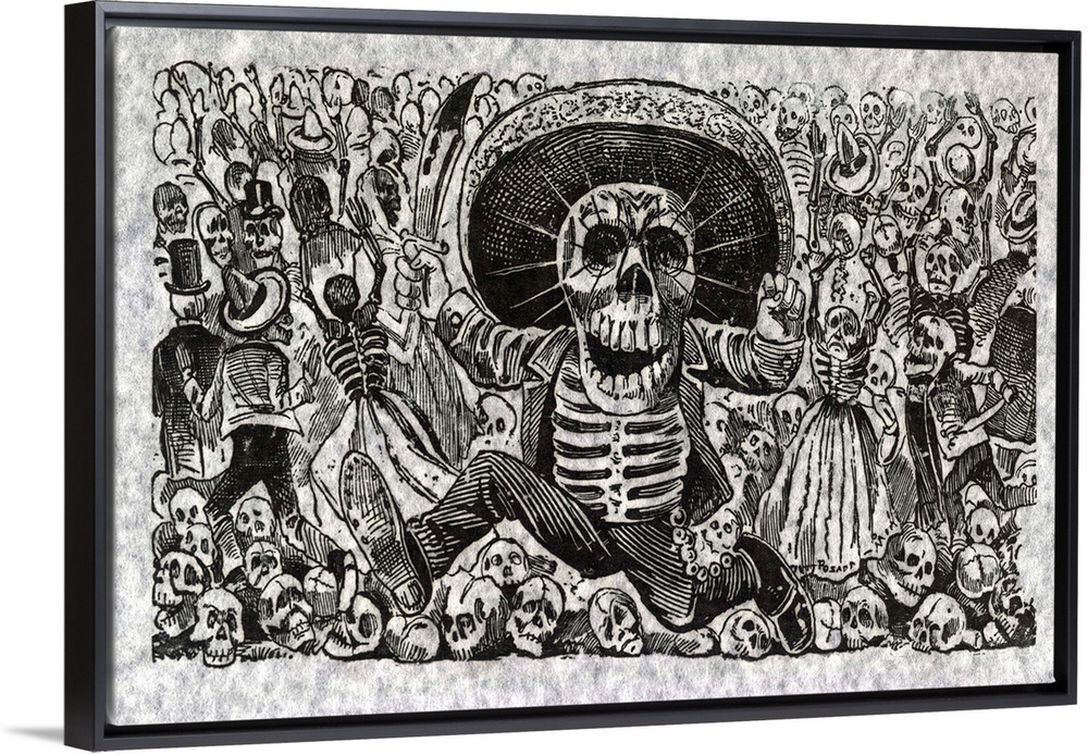 Calavera Oaxaquena, published by Antonio Vanegas Arroyo, circa 1903. Print shows fierce calavera brandishing knife with a ...