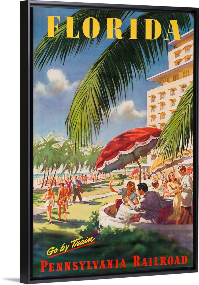 ca 1950's travel poster. Happy couples dine and relax ocean side, next to stylish hotel