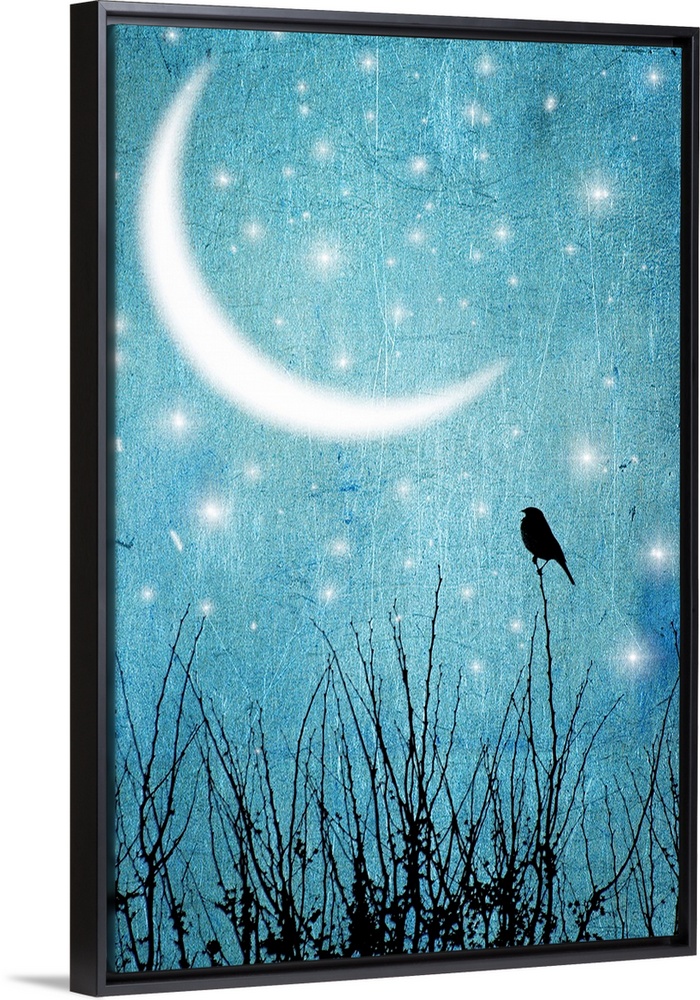 Vertical artwork on a large wall hanging of a lone, silhouetted bird, perched on a thin branch in the foreground, the back...