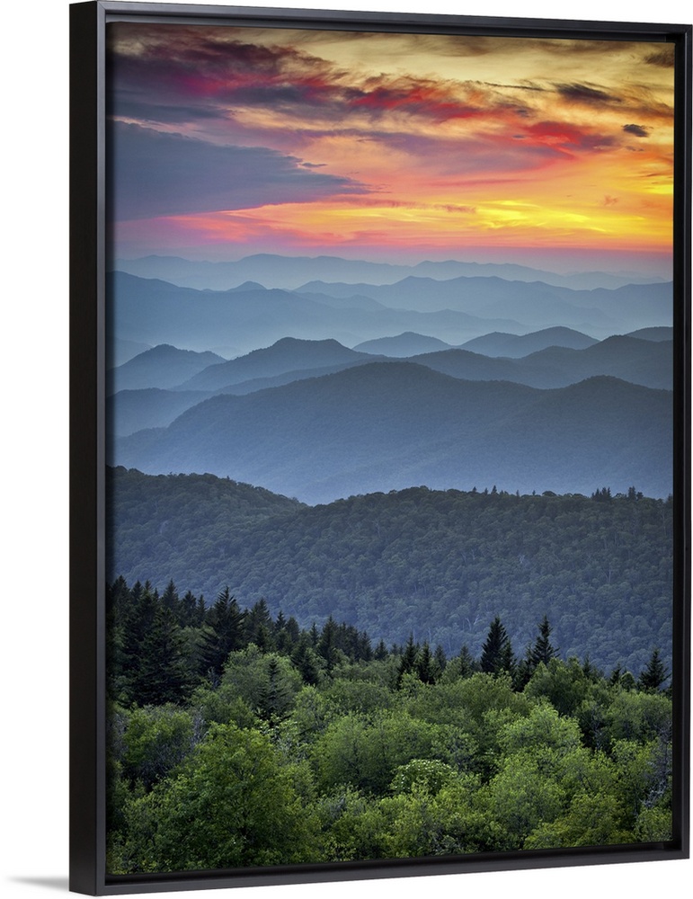 Blue Ridge Parkway scenic landscape with the Appalachian Mountain ridges and sunset  over Great Smoky Mountains National P...