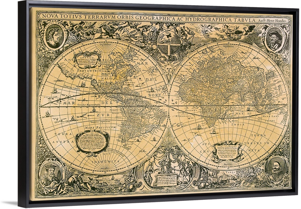 An antique map that displays faded text and decorative drawings on the outside of two circles representing the two sides o...