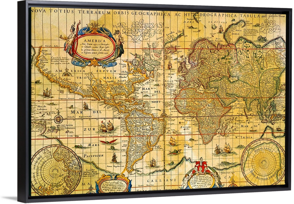 Photograph of an antique map of the world portraying the continents with latitude and longitude lines and symbols depictin...