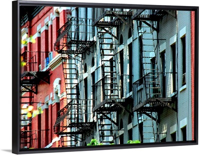 Windows and emergency stairs in New York City.