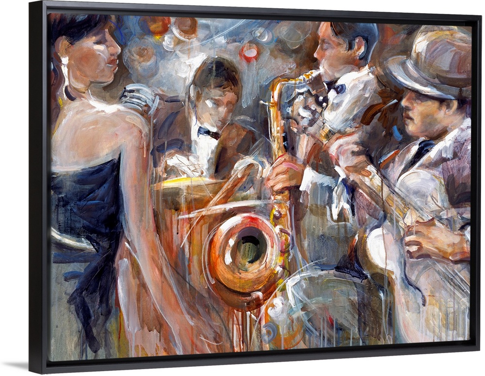 Loose, gestured painting of a band of musicians performing in formalwear, including a female lead singer, guitarist, saxop...