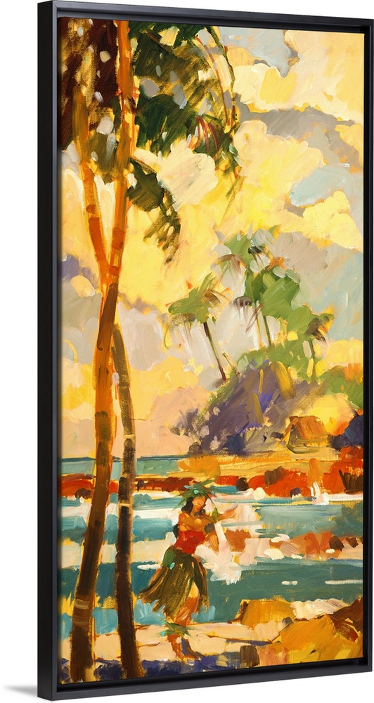 Oversized vertical painting of a female Hawaiian dancer in a grass skirt, on the beach, standing beneath two very tall pal...