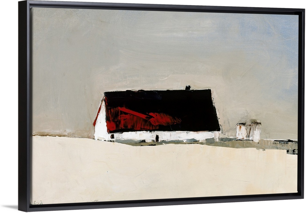 Contemporary painting of a red roof barn sitting on a white field with two silos in the background.