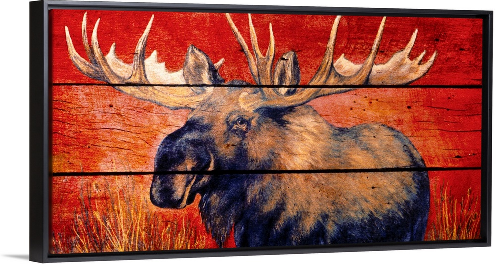 Panoramic wildlife art showcases an illustration of a moose that is separated by three horizontal rectangles.