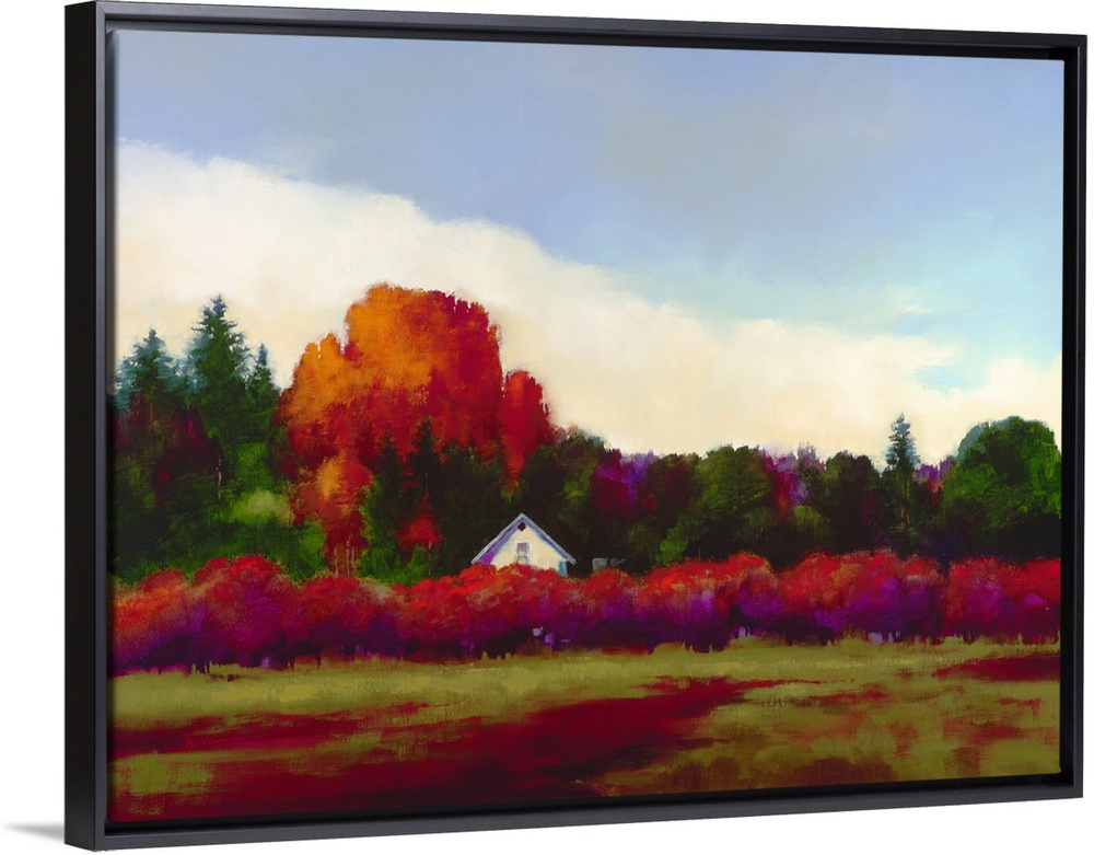 Contemporary landscape painting of purple-toned vines in a field with a small white house.