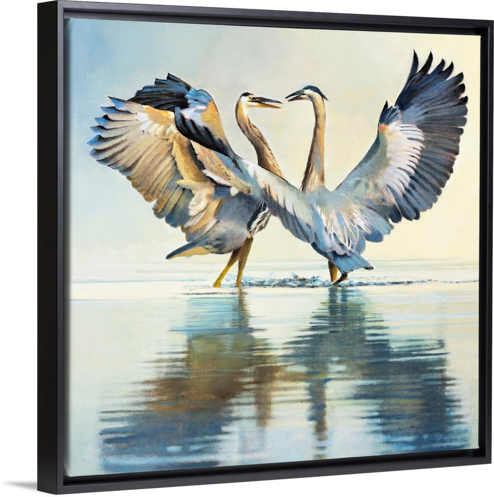 Contemporary painting of two herons with their wings outstretched and reflections in the water.