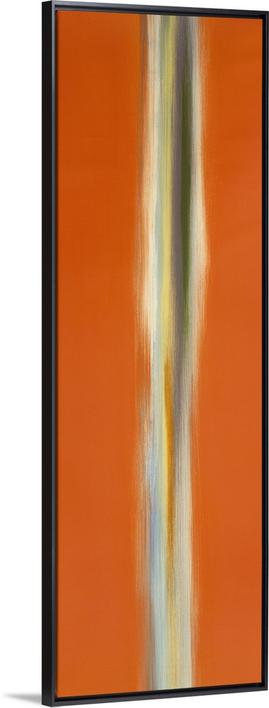 A tall vertical piece of abstract artwork that has orange on both sides with a neutral colored line down the middle.