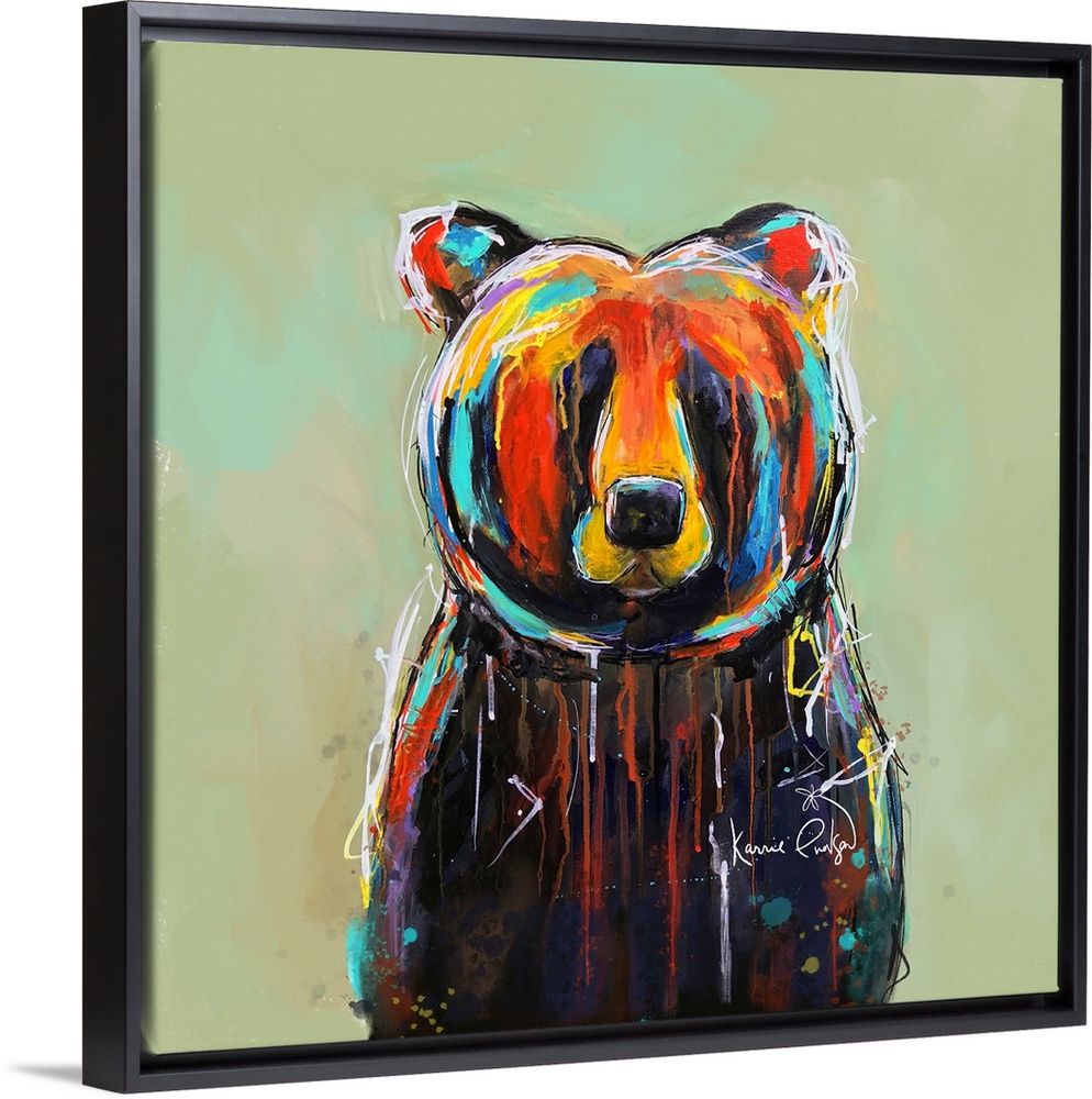 A contemporary painting of a colorful bear with accents shades of yellow, red and blue.