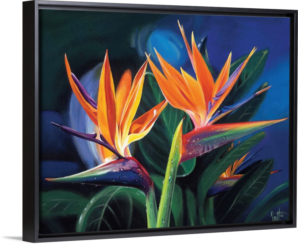 Wall docor of tropical flowers with vegetation in the background on canvas.