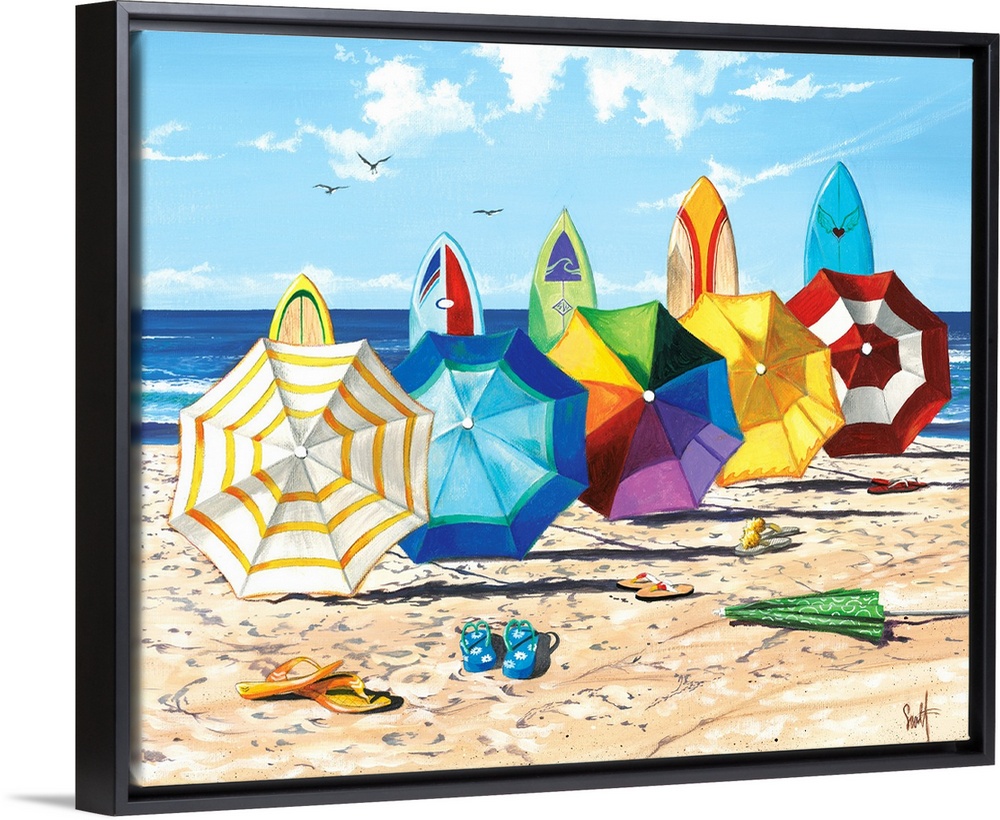 Realistic drawing of open colorful umbrella's and surfboards lined up on the beach with flip flops scattered throughout th...