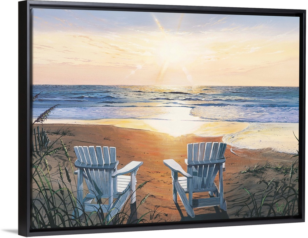 Painting of two beach chairs on sand near shoreline under a sunny sky.