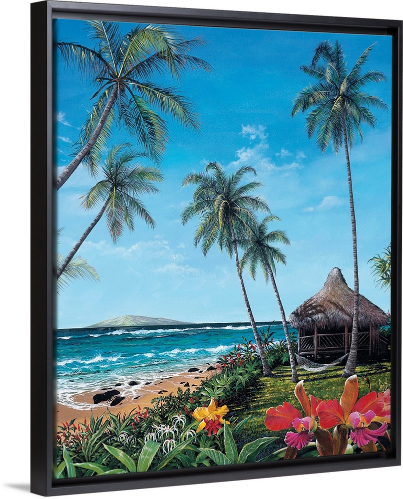This is a vertical landscape painting of a straw roof hut and hammock slung between palm trees next to tropical beach with...