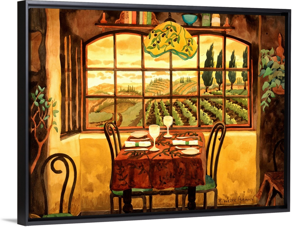 Painting of a table set for dinner inside a house by a window looking out over farmland. Warm, relaxing colors and tones d...
