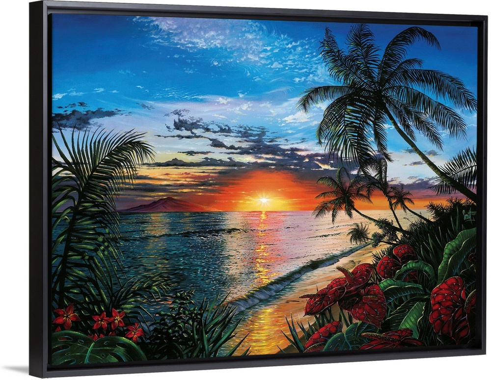 This contemporary painting shows a sunset far off in the distance with palm trees and other wild plants in the foreground.
