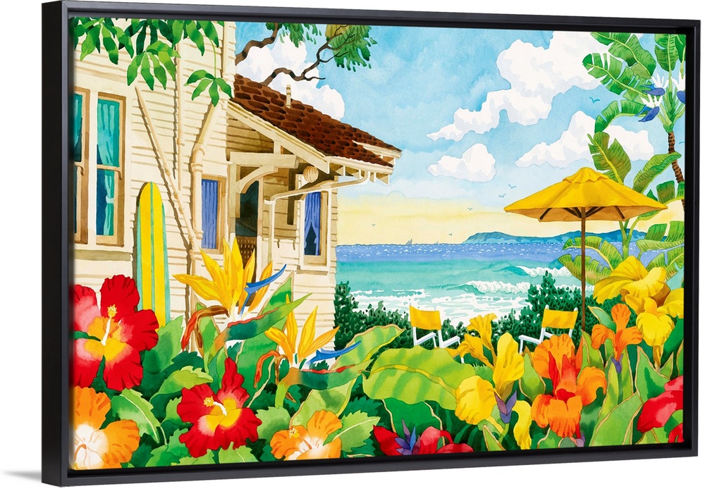 Huge contemporary art focuses on a beachside house surrounded by beautiful groups of boldly colored flowers, a surfboard l...