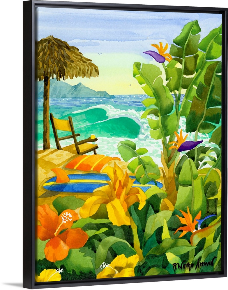 Tropical vegetation is painted in the foreground of this picture with a beach umbrella, chair, towel and surfboard laying ...