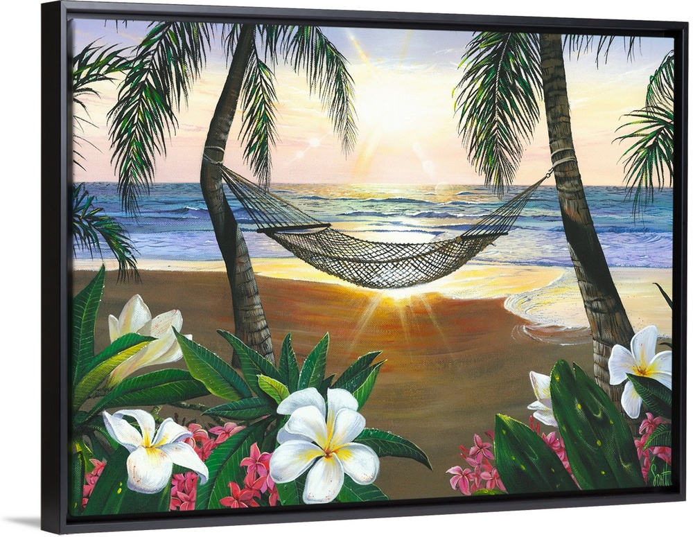 This is a landscape painting of plumeria blossoms, a hammock hanging between two palm trees, and the sun setting on the ho...