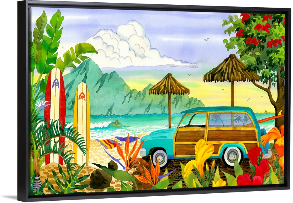 Big, horizontal canvas art of a woody station wagon parked near a beach with palms and brightly colored flowers, two umbre...