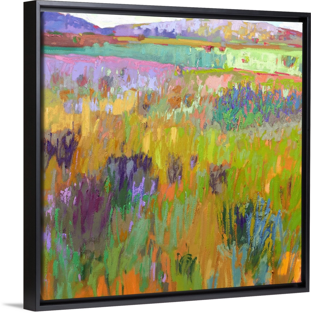 A square abstract of a field with flowers painted with brush strokes of vibrant colors.