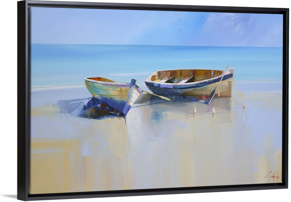 Painting of two beached rowboats at low tide.