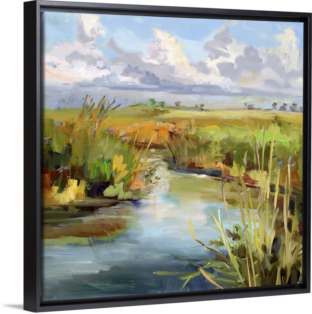 A contemporary painting of a marshland under a blue sky.