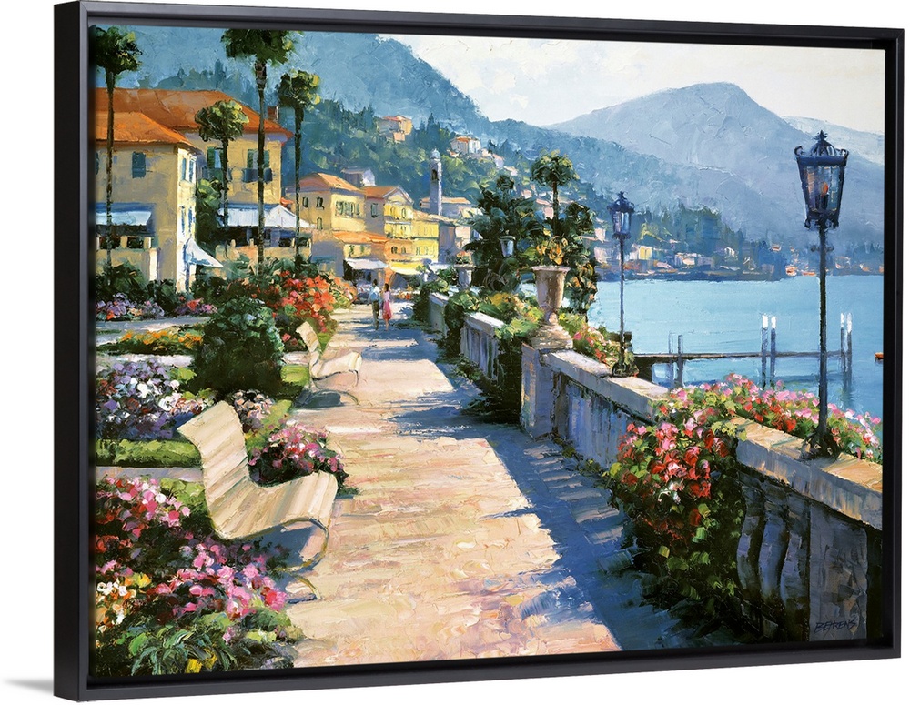 Beautiful and romantic painting featuring a waterfront walkway in the idyllic town of Bellagio, on the shores of Lake Como...