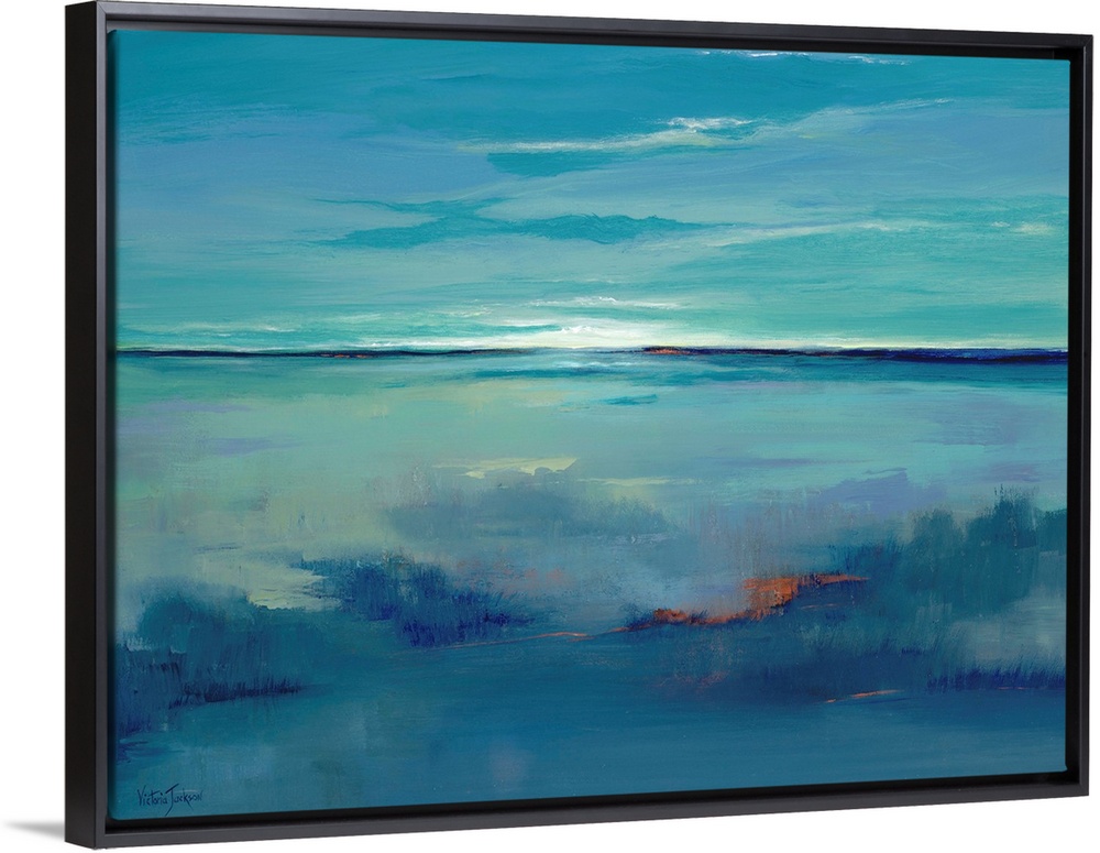 Contemporary abstract painting using using predominant blue tones resembling an open sea and horizon with setting sun.