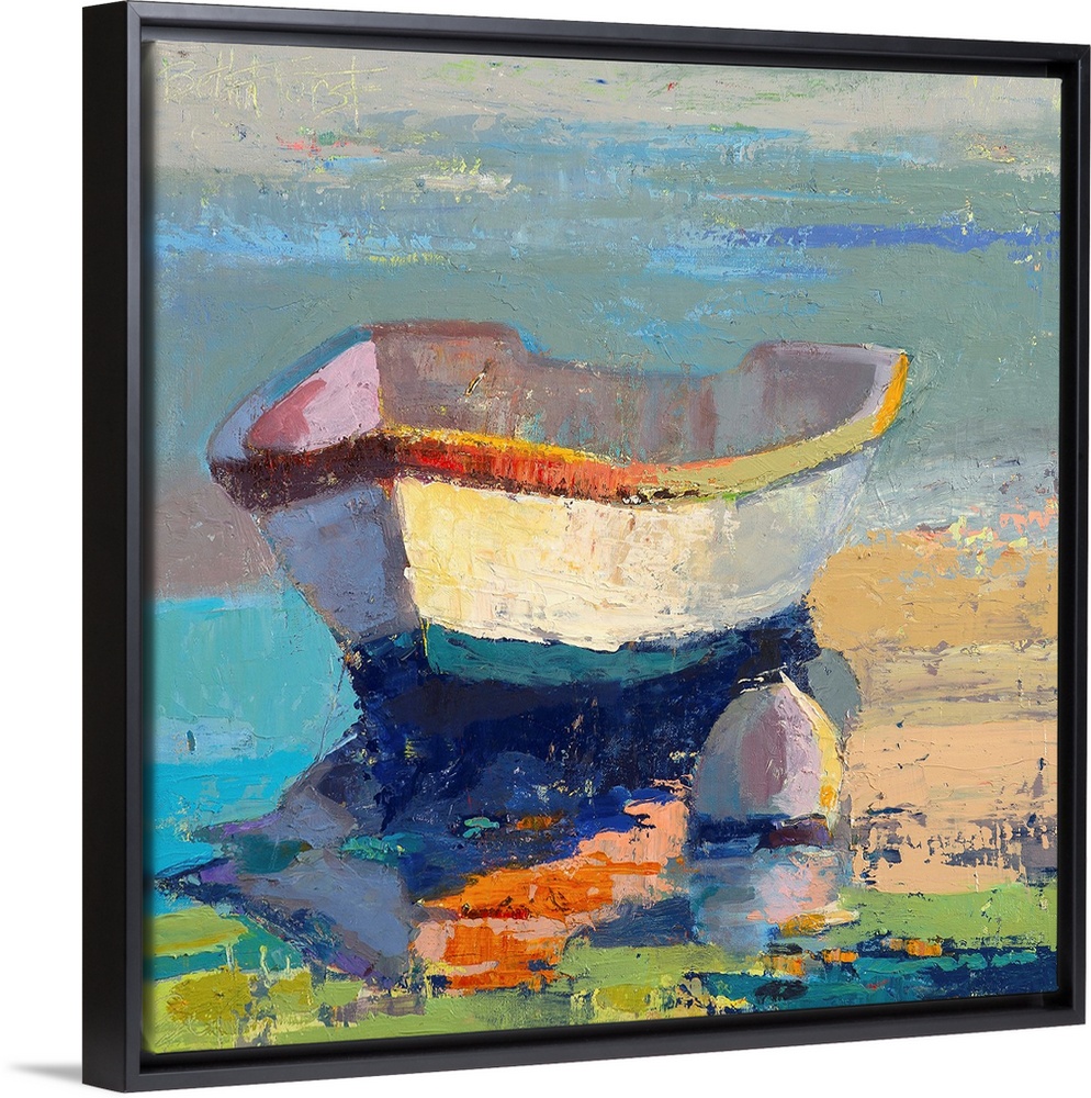 A contemporary coastal themed painting of a row boat sitting in still water.