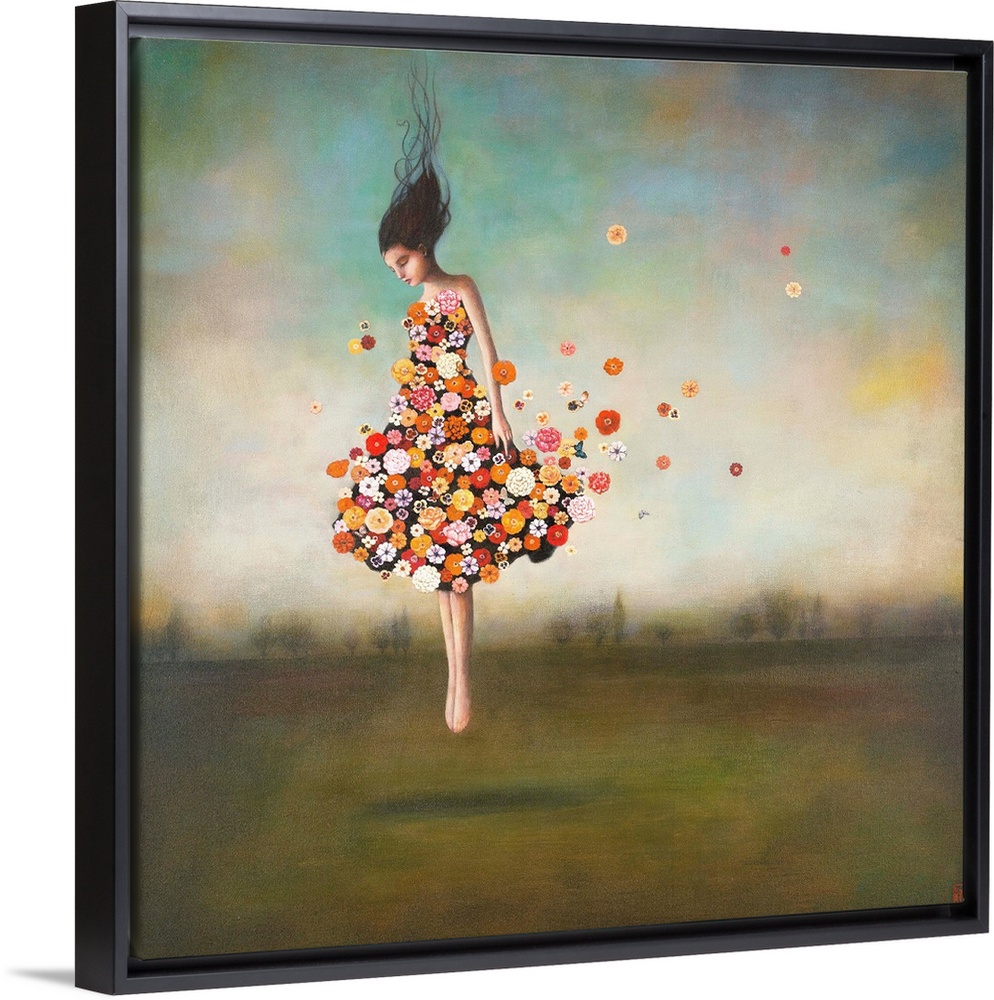 Contemporary surreal artwork of a woman wearing a dress made of flowers floating in the air.