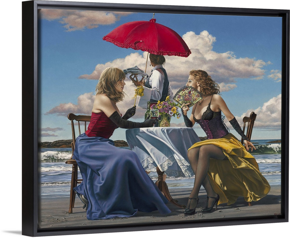Contemporary painting of two women wearing lingerie sitting at a table on the beach. With another woman standing behind th...