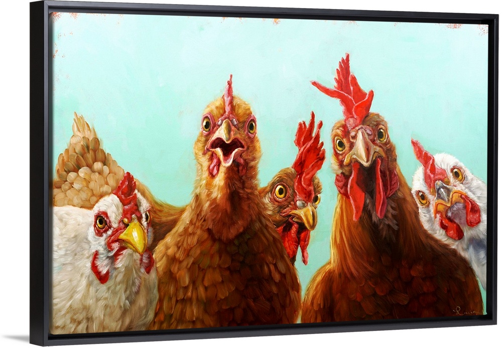 A contemporary painting of a group of chickens peering at the viewer.