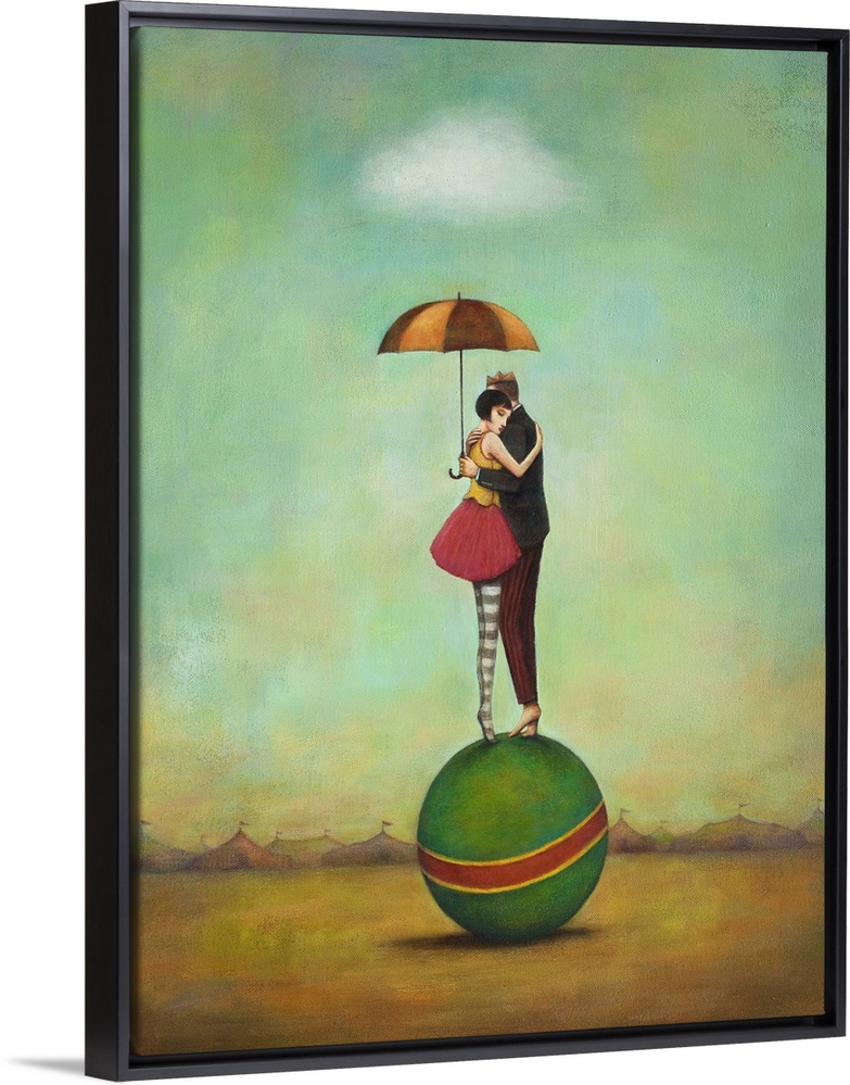 Contemporary surreal artwork of a woman and man embracing on top of a green ball.
