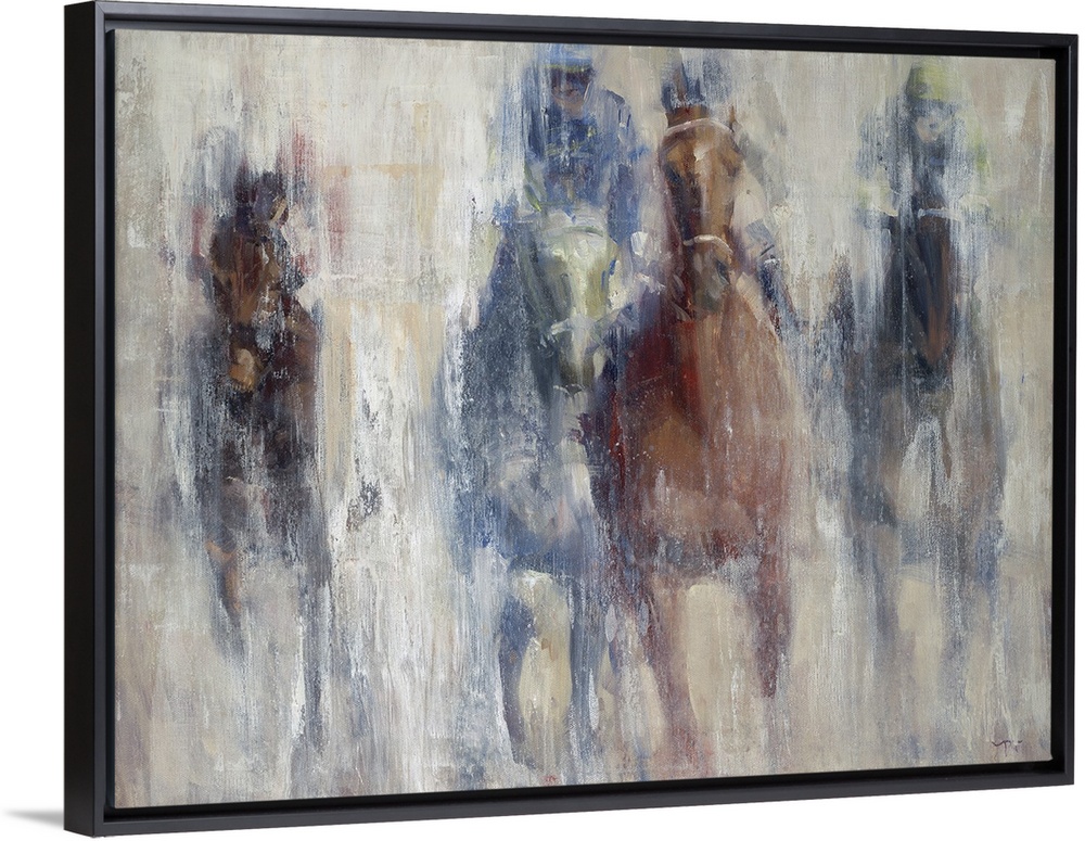 A contemporary painting of a horse derby, with the impression of the horses advancing toward you.