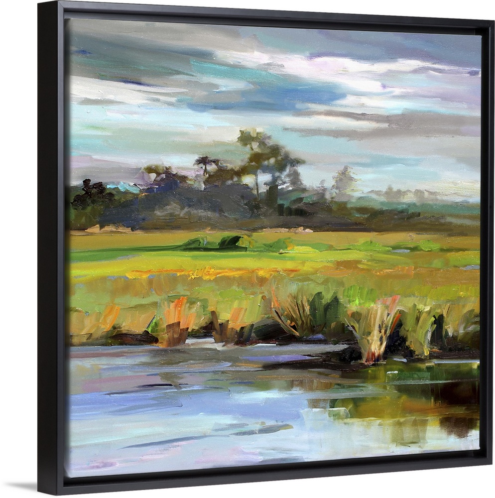 A contemporary painting of a marshland under a blue sky.