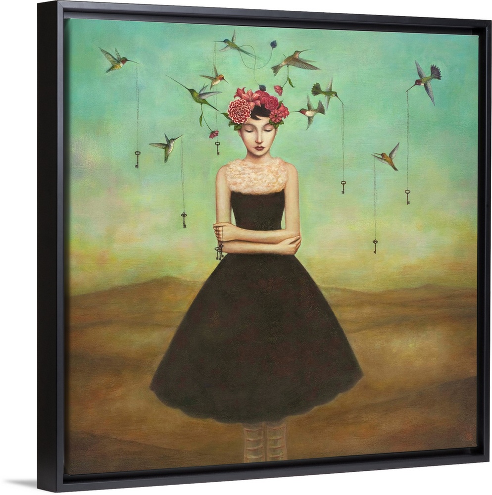 Contemporary surreal artwork of a woman with a flower crown and small birds circling her.