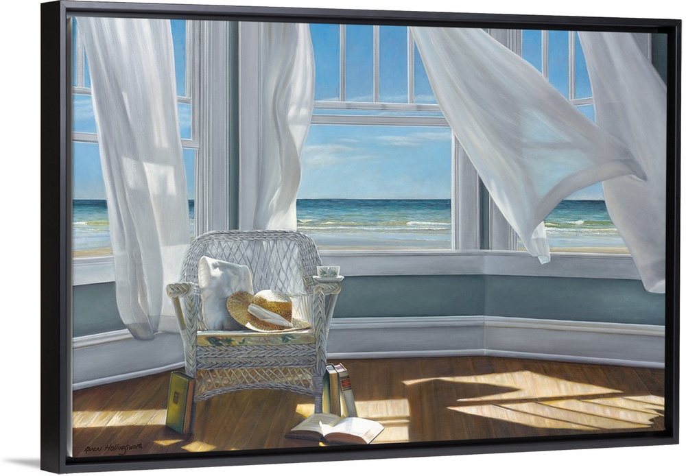 Contemporary still life painting of books and a hat on a chair next to an open window with a white curtain and the beach o...