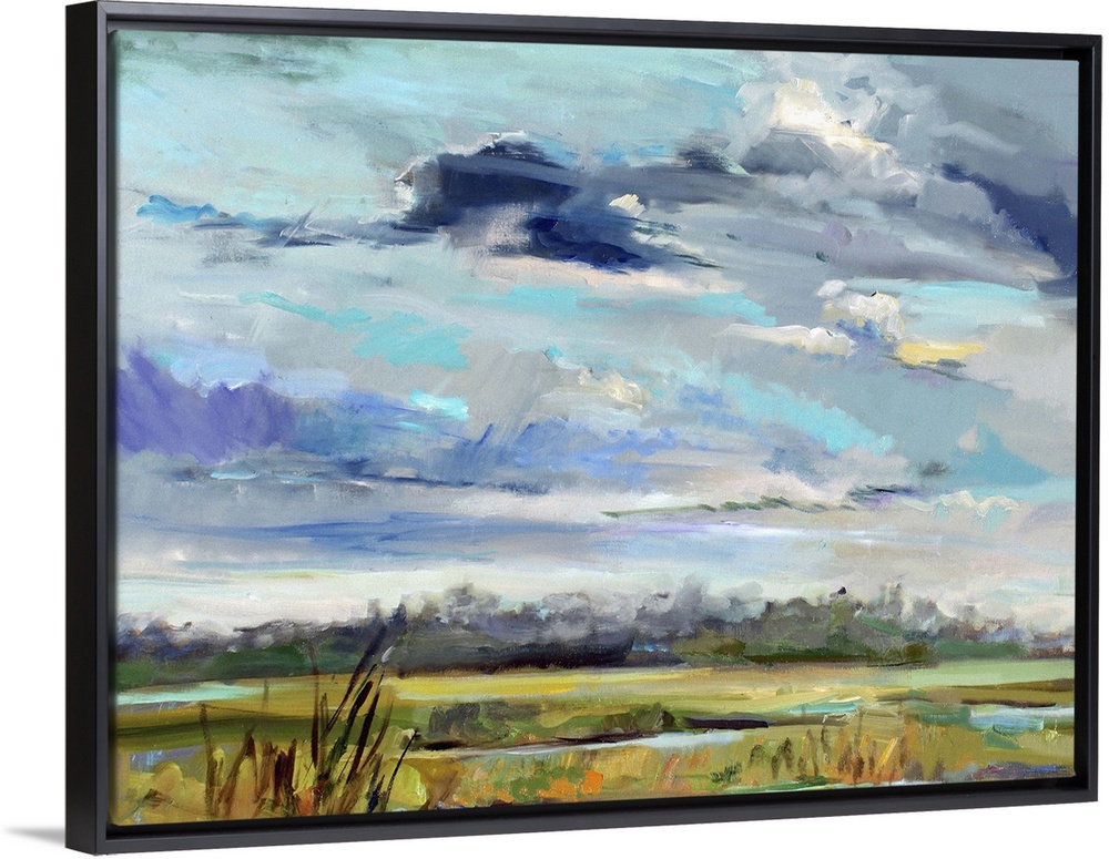 A contemporary painting of a marshland under a blue sky.