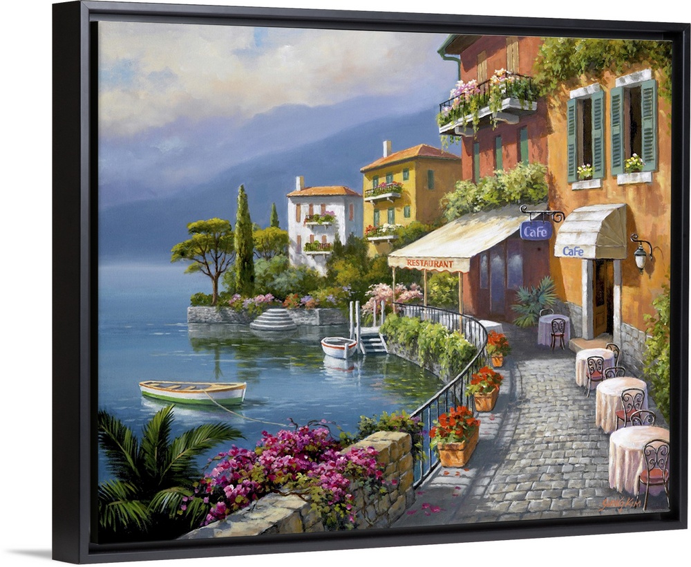 Contemporary painting of an idyllic rural European village scene.