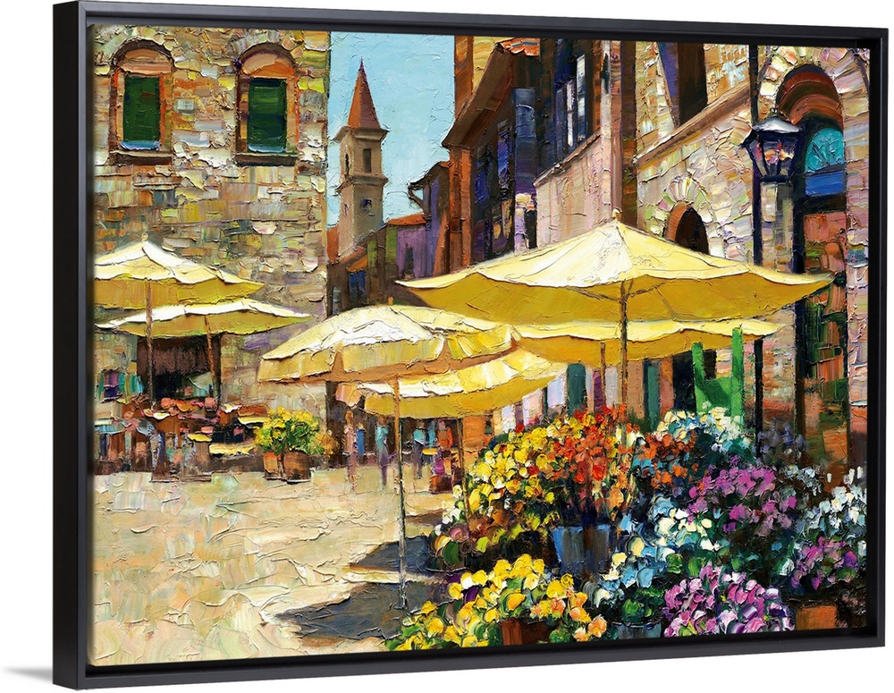 Contemporary art piece of a market in Italy that is filled with flowers and surrounded by stone buildings.