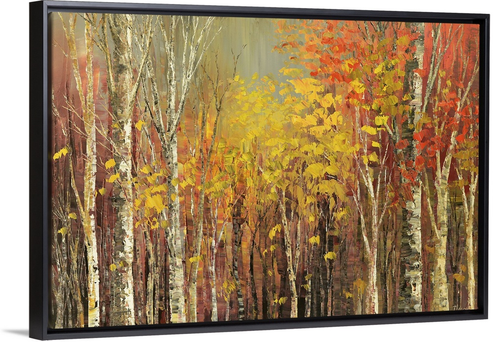 Painting of a grove of trees in bright fall colors.